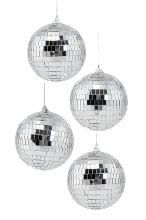 4x Kleine Discobal 10 cm Kerstbal Spiegelbol Discobol Spiegeltjes Disco Zilver