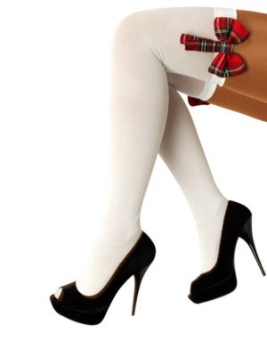 Witte kniekousen overknee sokken geruite strikjes sexy schoolmeisje