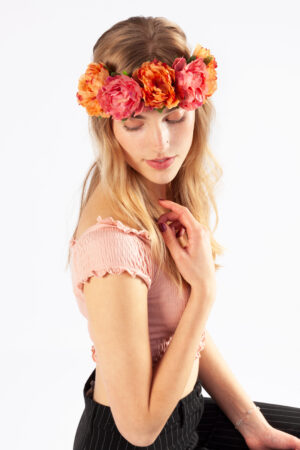 Bloemenkrans haar pioenrozen oranje en roze bloemen haarband