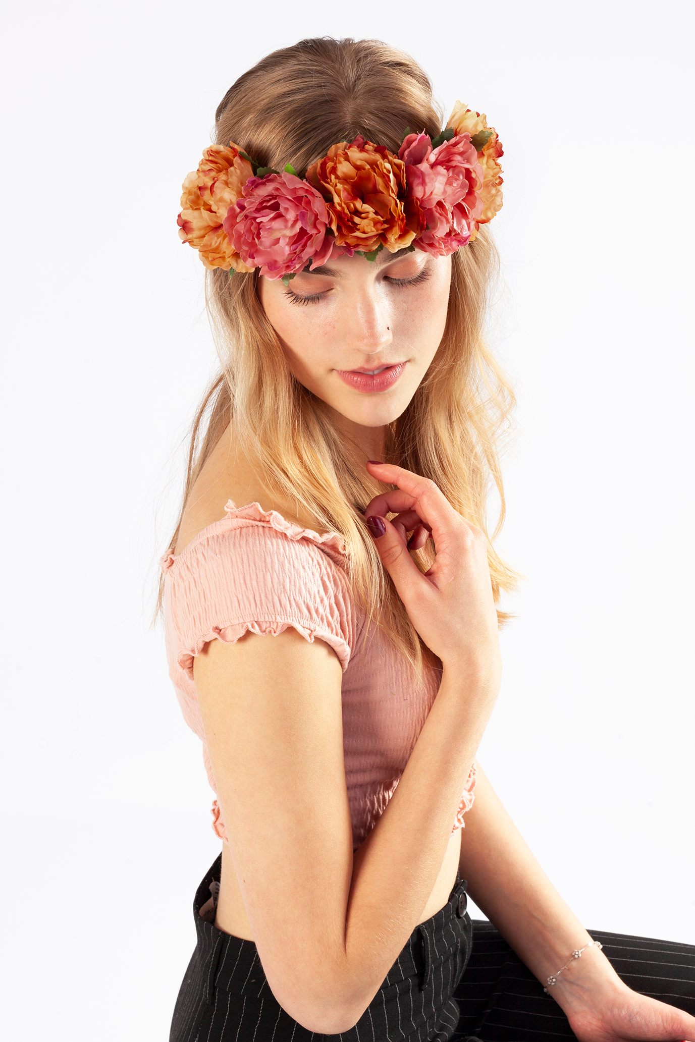 Bloemenkrans haar pioenrozen oranje en roze bloemen haarband