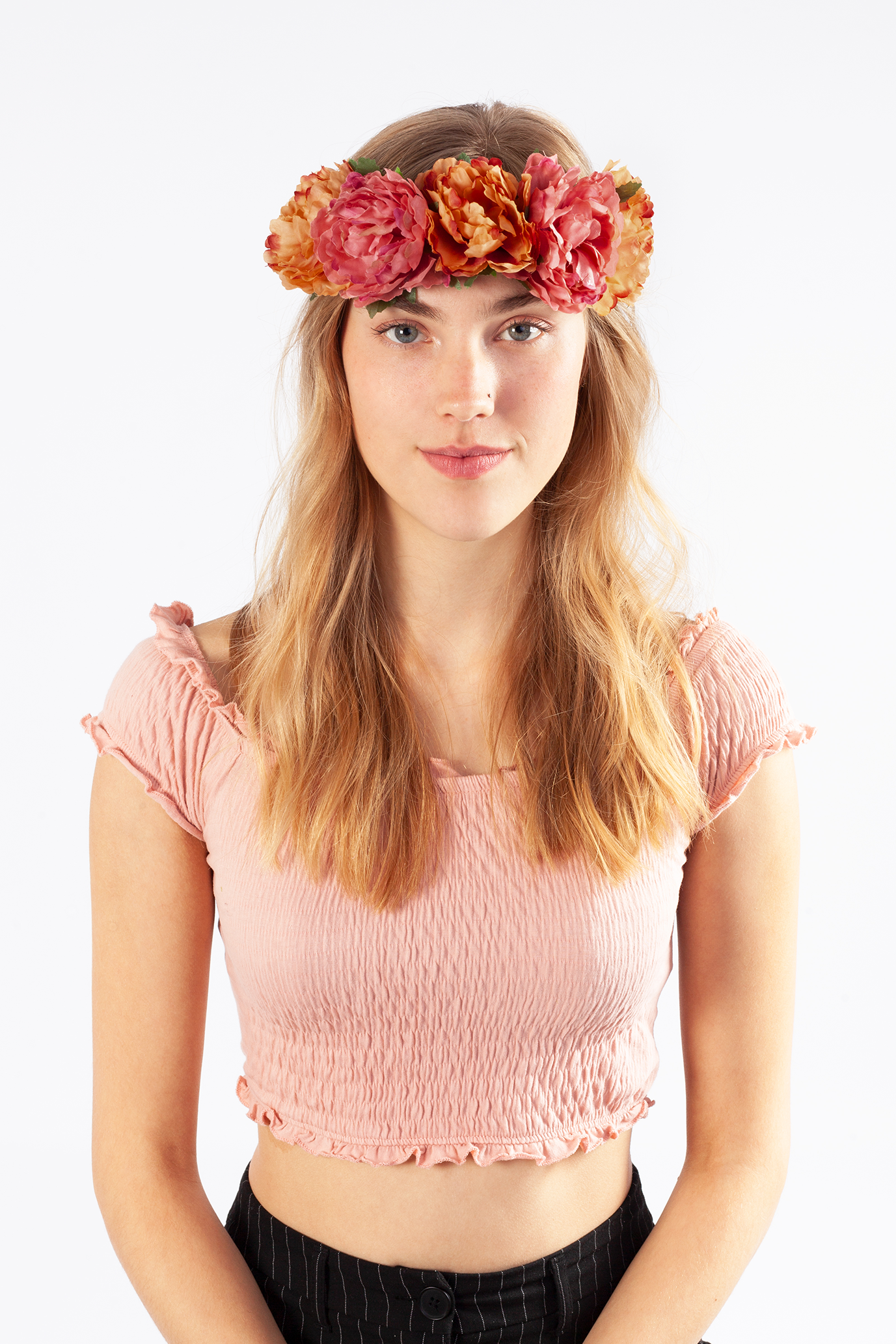 Bloemenkrans haar pioenrozen oranje en roze bloemen haarband 2