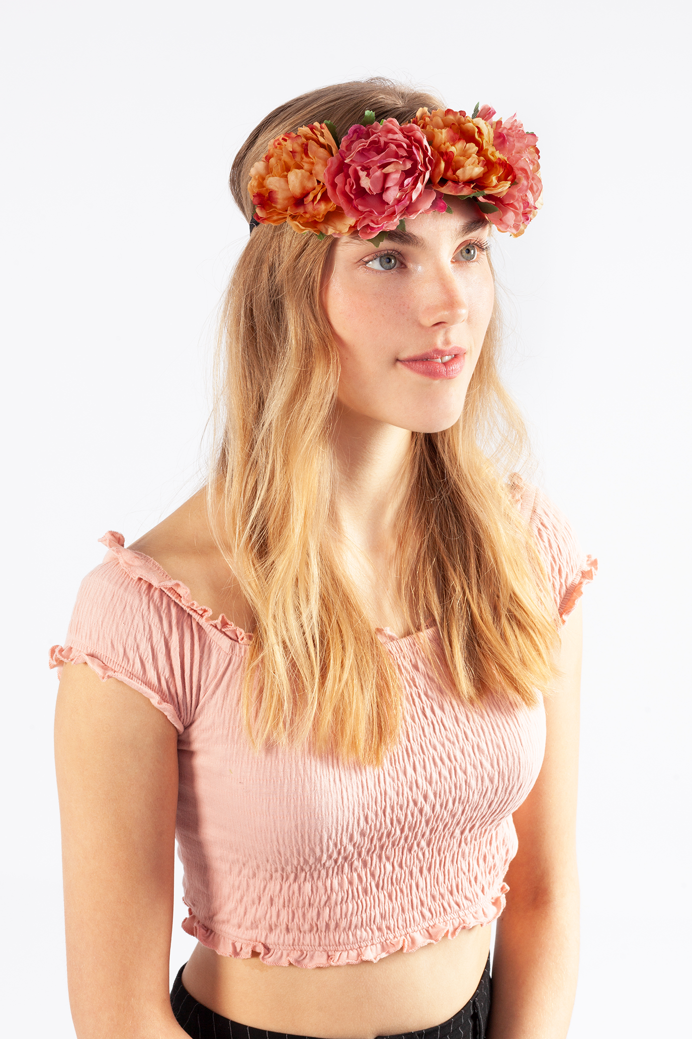 Bloemenkrans haar pioenrozen oranje en roze bloemen haarband 3