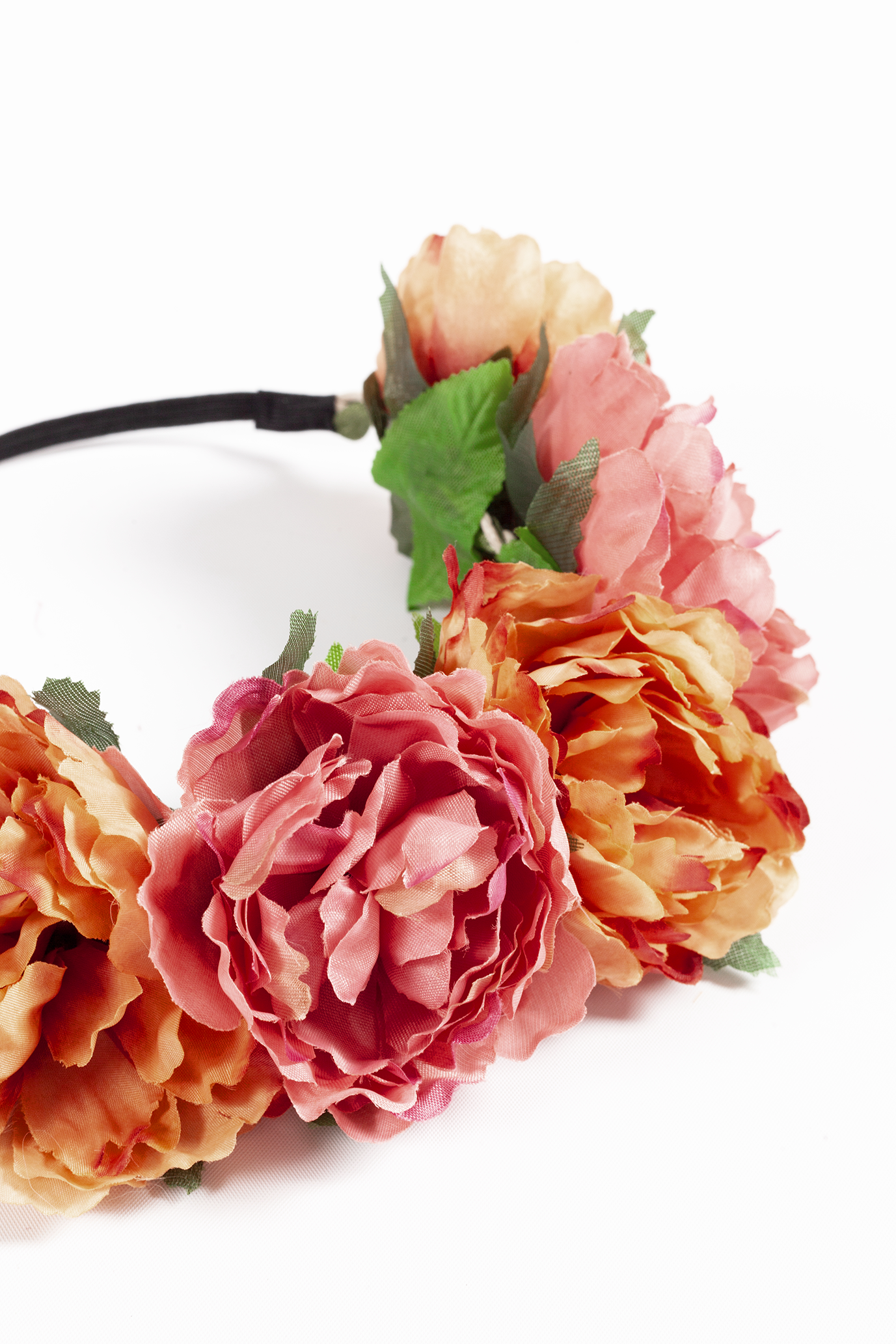 Bloemenkrans haar pioenrozen oranje en roze bloemen haarband 4