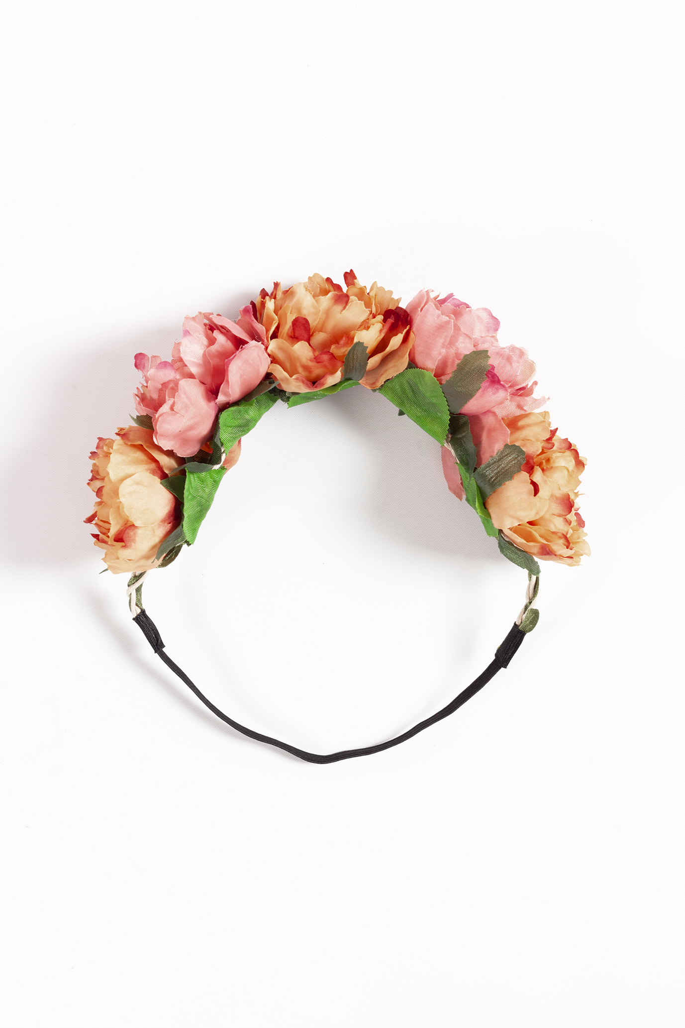 Bloemenkrans haar pioenrozen oranje en roze bloemen haarband 5