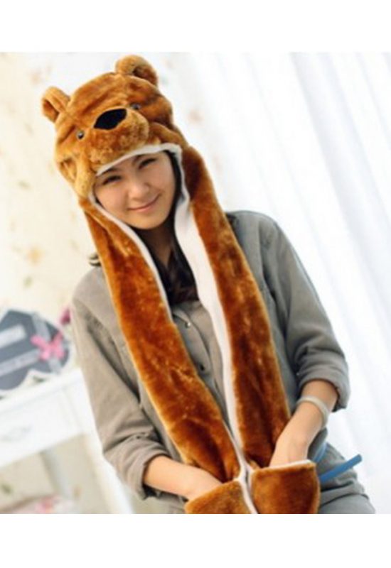 Bruine beer muts met wanten