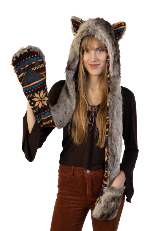 Bruine Wolf Navajo Hood Muts Sjaal Wanten Oortjes Indiaan 2