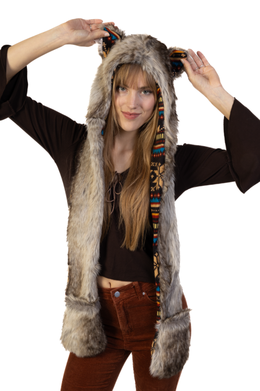 Bruine Wolf Navajo Hood Muts Sjaal Wanten Oortjes Indiaan 3