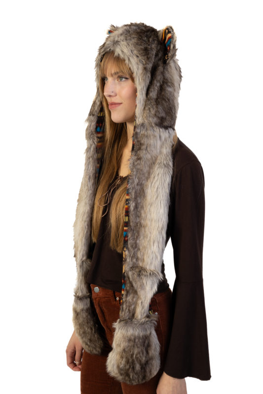 Bruine Wolf Navajo Hood Muts Sjaal Wanten Oortjes Indiaan 4