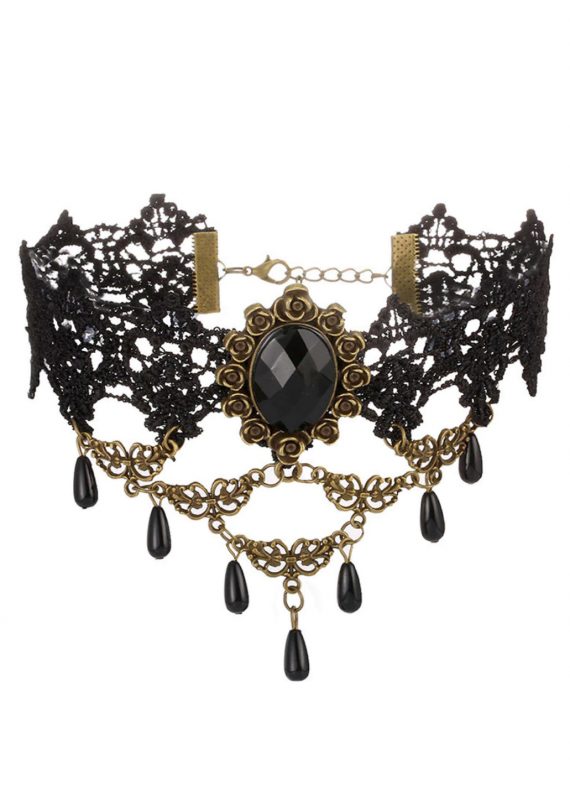 Burlesque choker zwart ketting kant kraaltjes 8