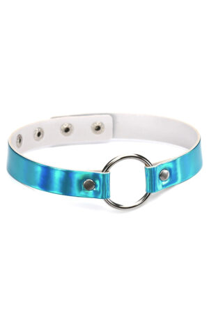 Choker blauw ring ketting halsband holografisch iridescent