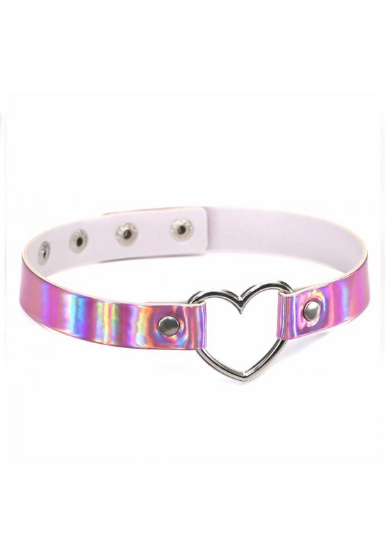 Choker roze leer holografisch iridescent hartje