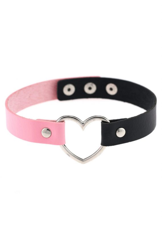 Choker zwart roze leer hartje ketting