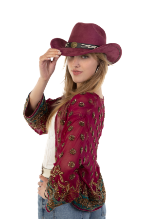 Cowboyhoed Donkerrood Gevlochten Band Cowboy Western Hoed Touw 5