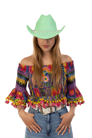 Cowboyhoed Mintgroen Strass Steentjes Ketting Cowboy Western Hoed Dames 6