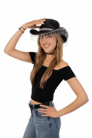 Cowboyhoed Zwart Glitter Strass Steentjes Cowboy Western Hoed Dames 3