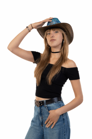 Cowboyhoed Zwart Oliekleurige Strass Steentjes Cowboy Festival Hoed 4