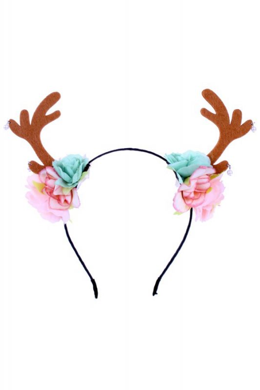 Diadeem Rendier mint roze bloemen