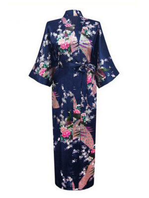 Donkerblauwe kimono satijn Japanse satijnen badjas kamerjas geisha ochtendjas yukata