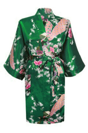 Donkergroene Korte Kimono Satijn Japanse Badjas Groene Kamerjas Geisha Yukata