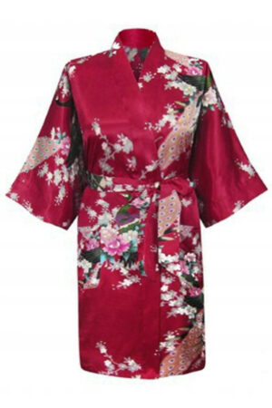 Donkerrode Korte Kimono Satijn Japanse Badjas Kamerjas Geisha Yukata Bordeauxrood