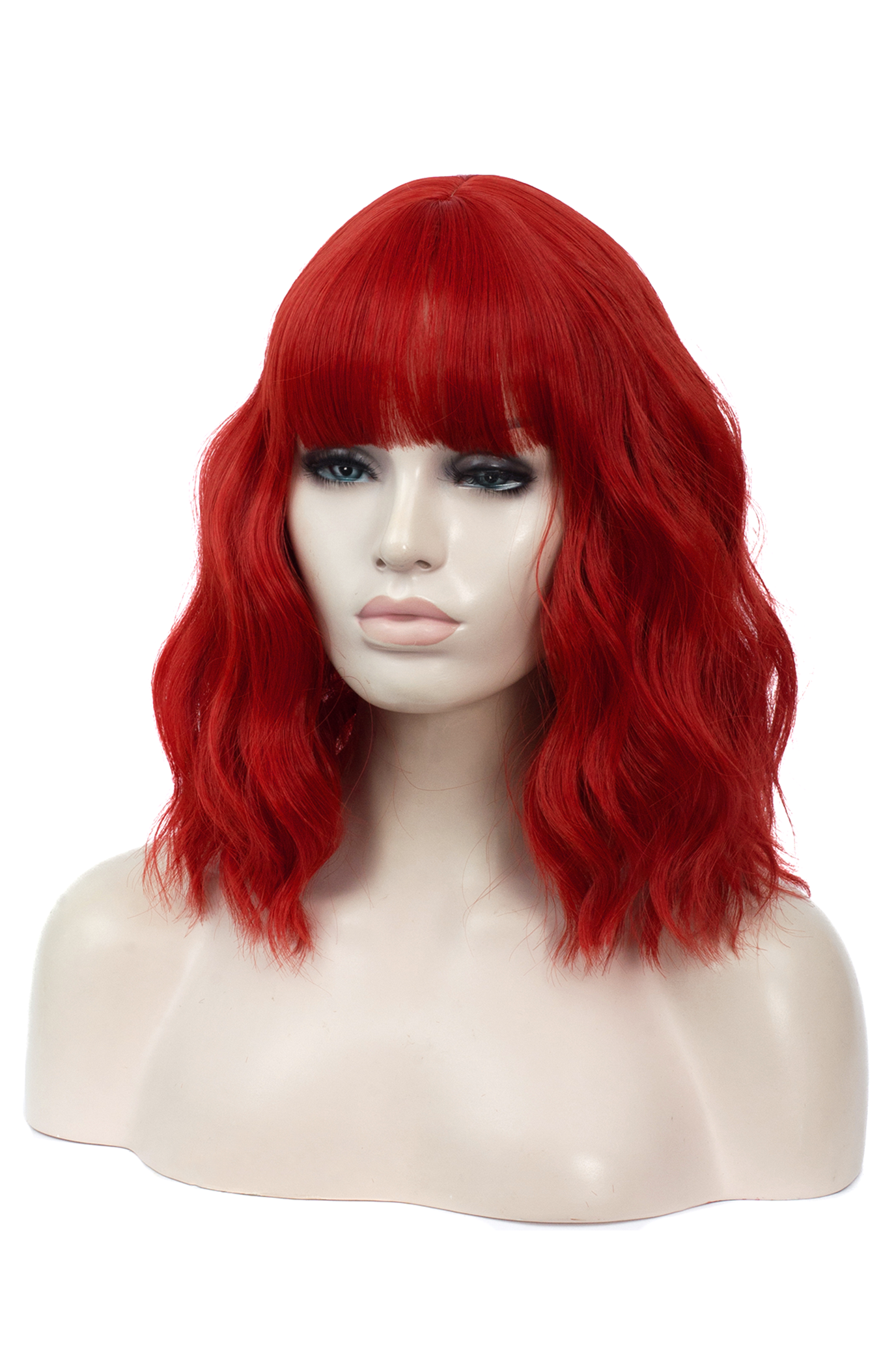 Donkerrode Pruik Schouderlengte Rechte Pony Krullen Rood 2