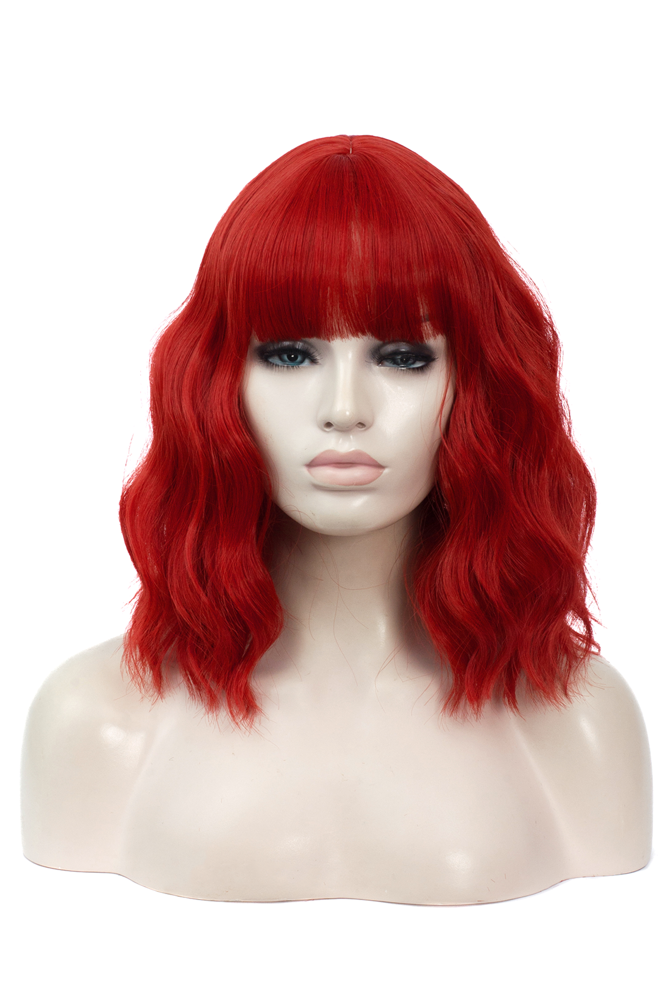 Donkerrode Pruik Schouderlengte Rechte Pony Krullen Rood