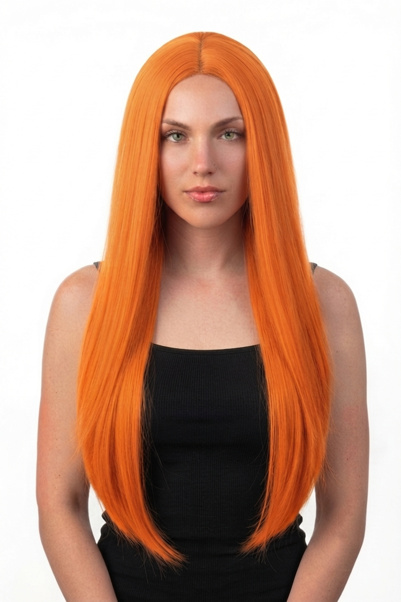Extra Lange Oranje Pruik Middenscheiding Pony Koper