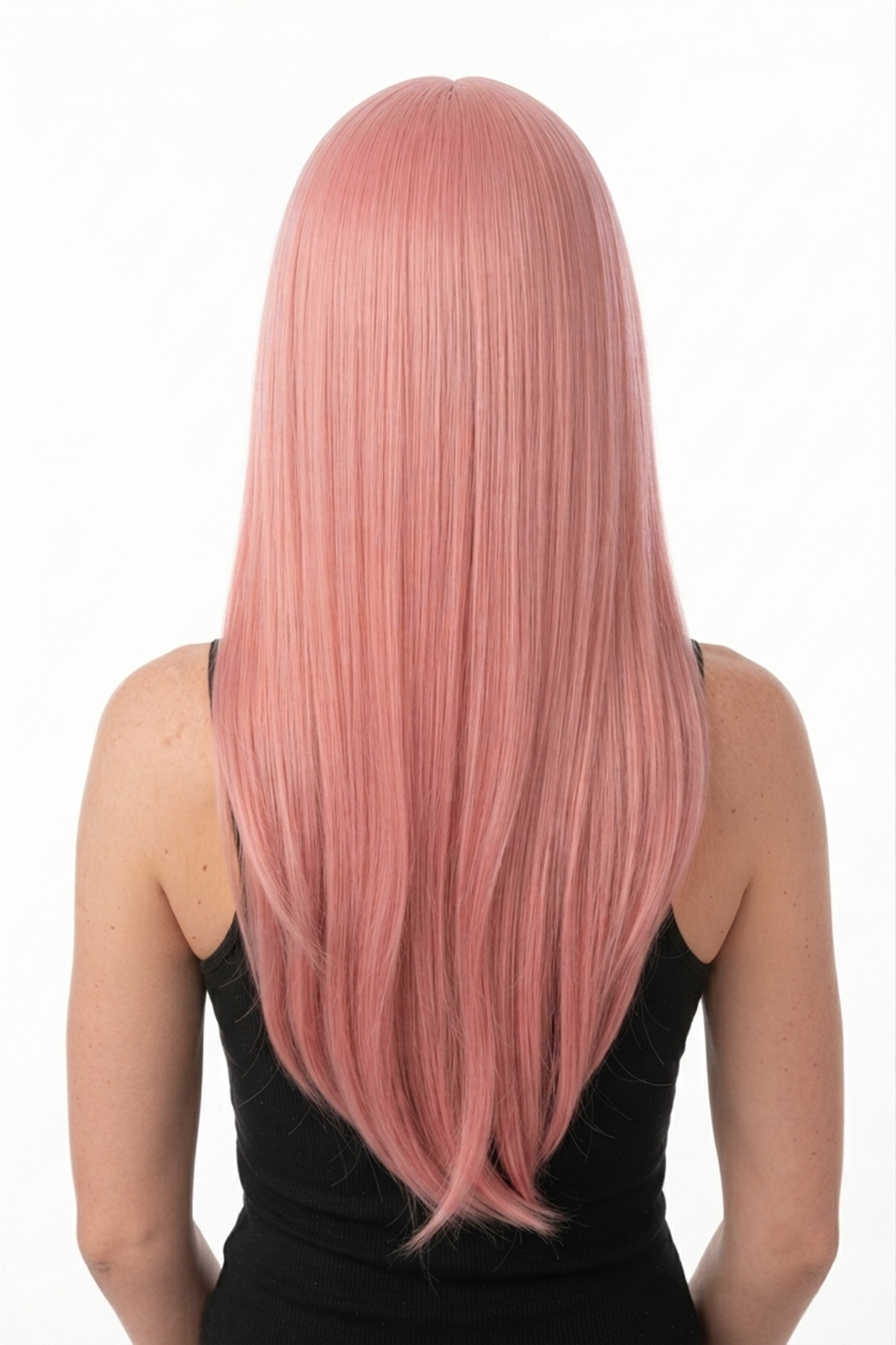 Extra Lange Pastelroze Pruik Middenscheiding Pony Roze 2