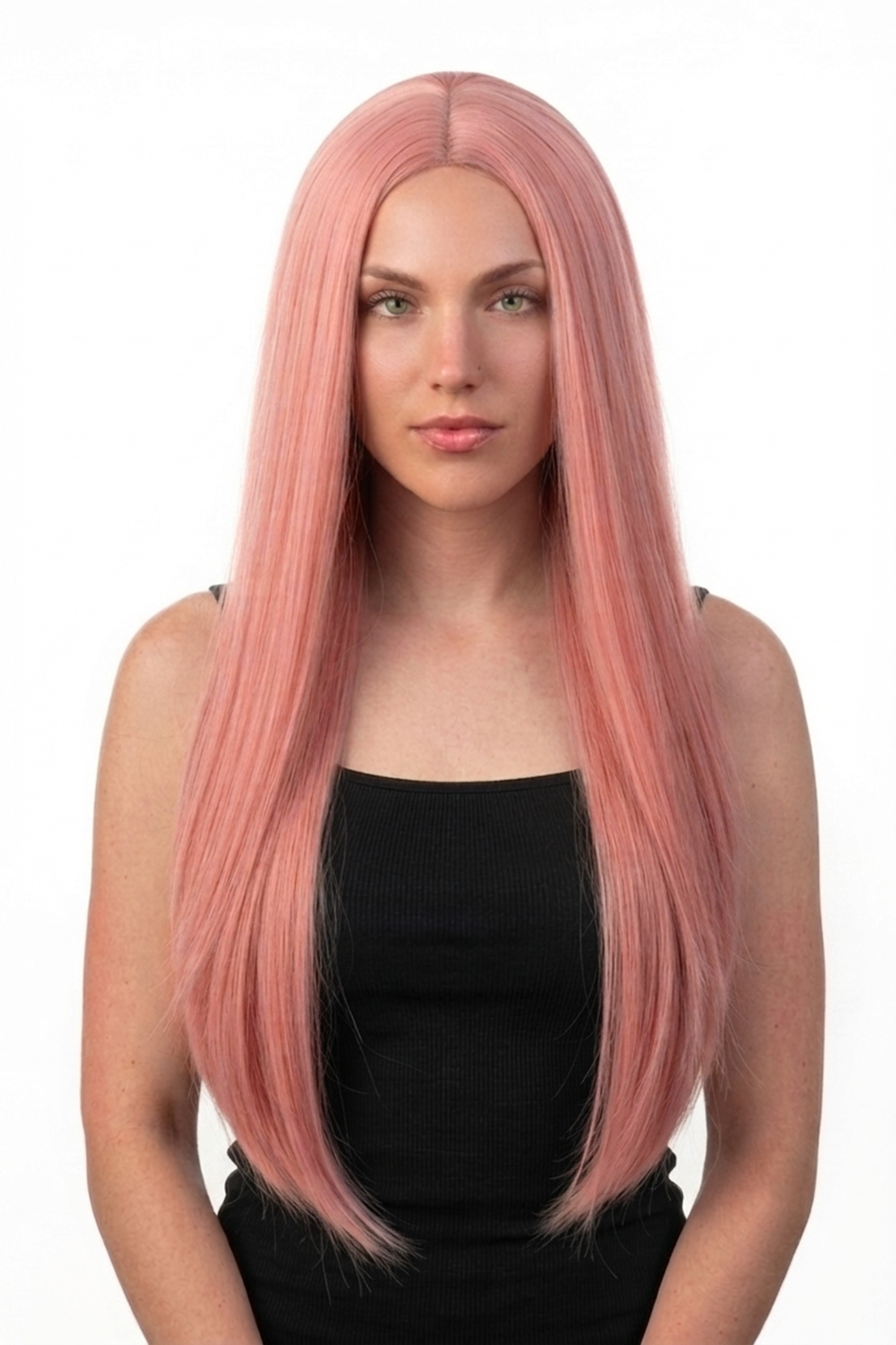Extra Lange Pastelroze Pruik Middenscheiding Pony Roze