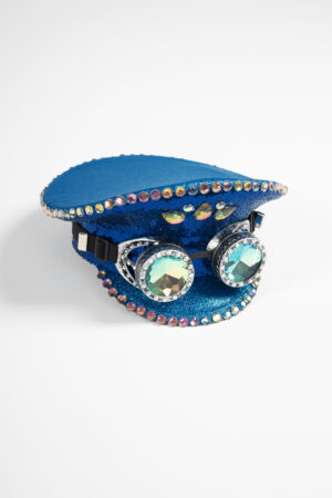 Festival Kapiteinspet Blauw Met Goggles Glitters Pailletten Sequin