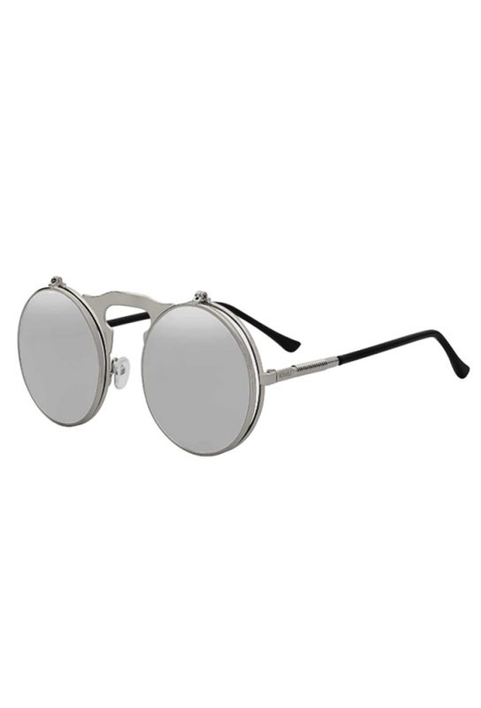 Flip up ronde zonnebril zilver spiegelglazen steampunk