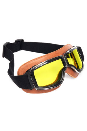 Goggles Motor Bril Bruin Gele Glazen Leer Solex Aviator Pilotenbril