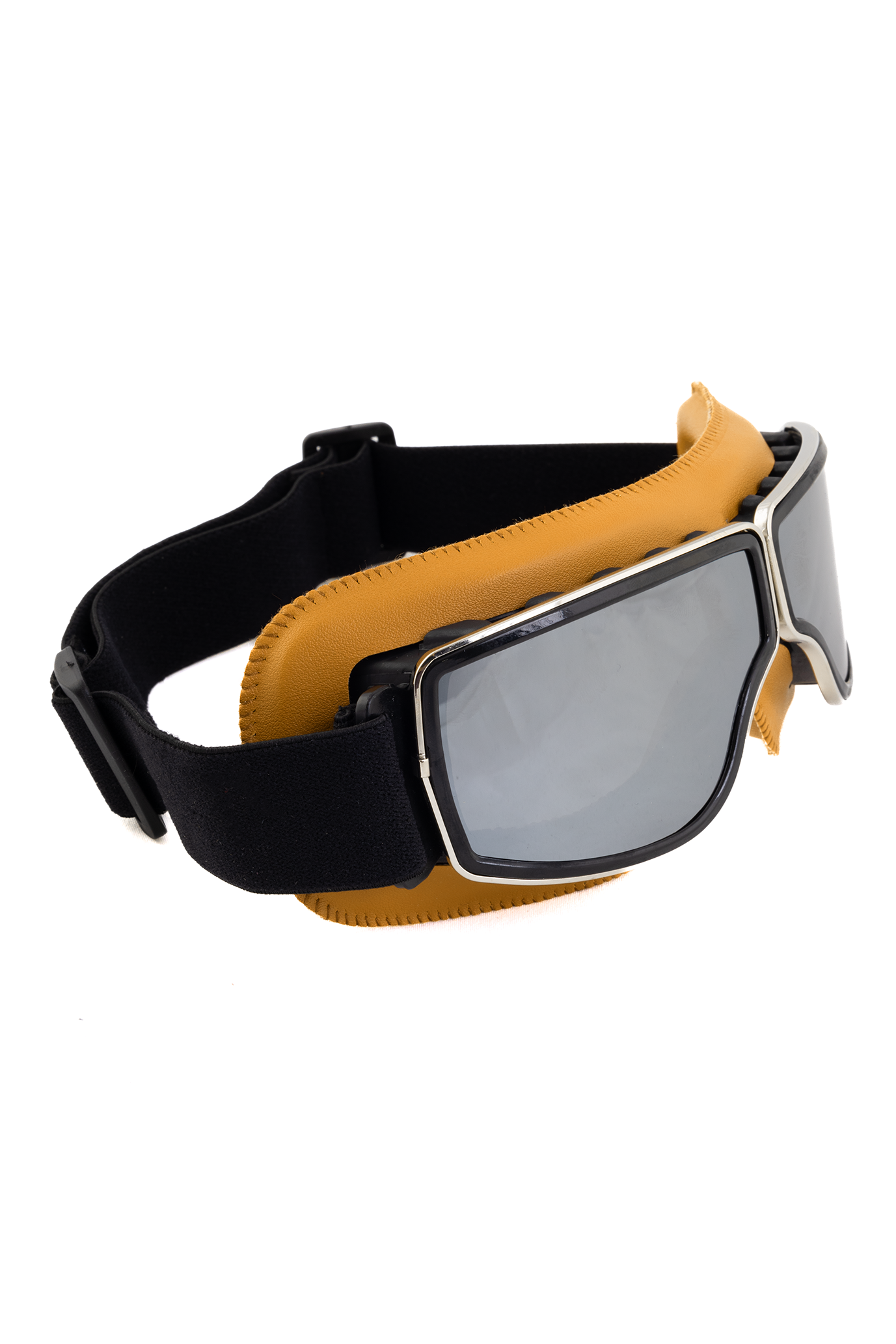 Goggles Motor Bril Lichtbruin Zilveren Spiegelglazen Leer Solex Aviator Pilotenbril