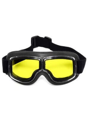 Goggles Motor Bril Zwart Gele Glazen Leer Solex Aviator Pilotenbril 1