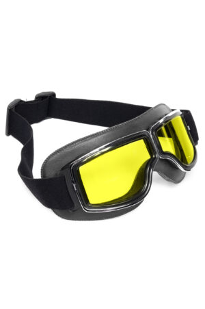 Goggles Motor Bril Zwart Gele Glazen Leer Solex Aviator Pilotenbril