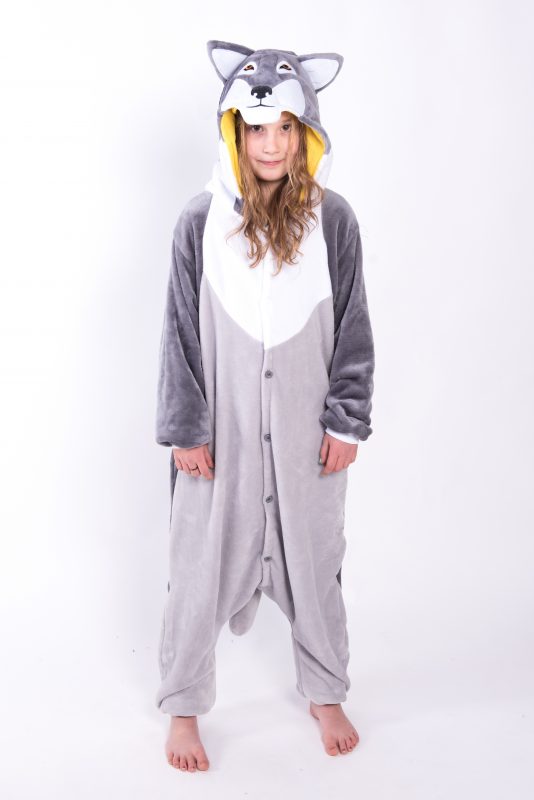 Grijze Wolf Onesie Kind Wolvenpak Kinder Kostuum Pak Grijs Dierenpak