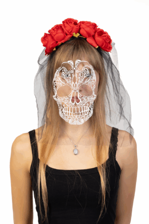 Haarband Bruid Rozen Diadeem Schedel Rood Sluier Halloween 3