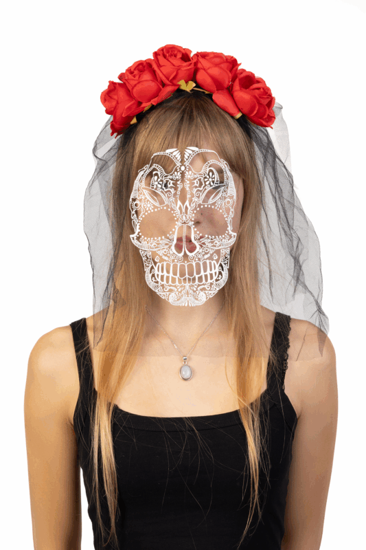 Haarband Bruid Rozen Diadeem Schedel Rood Sluier Halloween 3