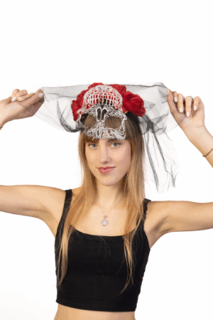 Haarband Bruid Rozen Diadeem Schedel Rood Sluier Halloween 4