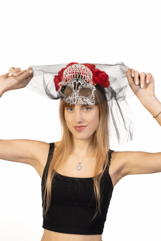 Haarband Bruid Rozen Diadeem Schedel Rood Sluier Halloween 4