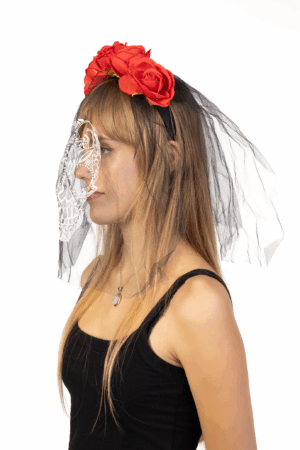 Haarband Bruid Rozen Diadeem Schedel Rood Sluier Halloween 5