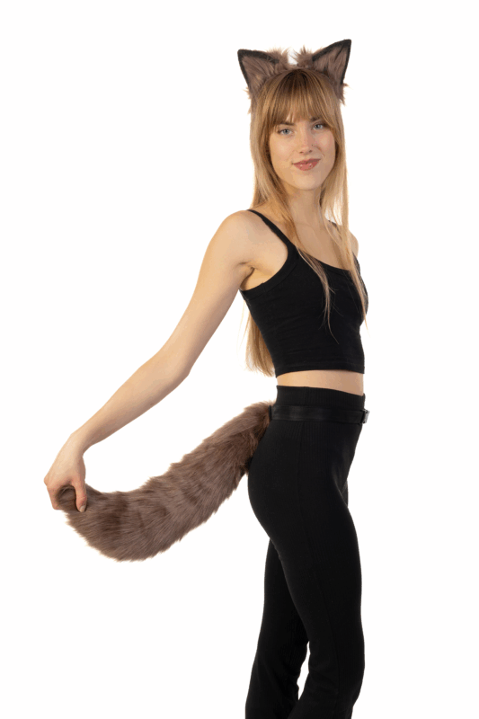 Haarband Furry Oren & Staart Set Beige Zwart Wolf Vos Diadeem Vacht