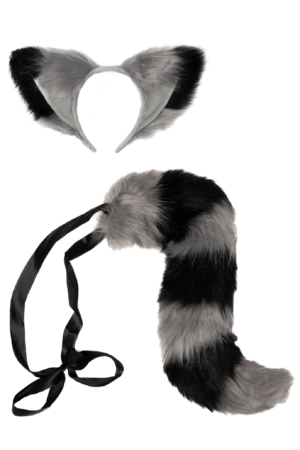 Haarband Furry Oren & Staart Set Zwart Grijs Strepen Wasbeer Maki Diadeem 2