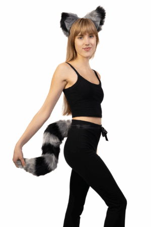 Haarband Furry Oren & Staart Set Zwart Grijs Strepen Wasbeer Maki Diadeem 5