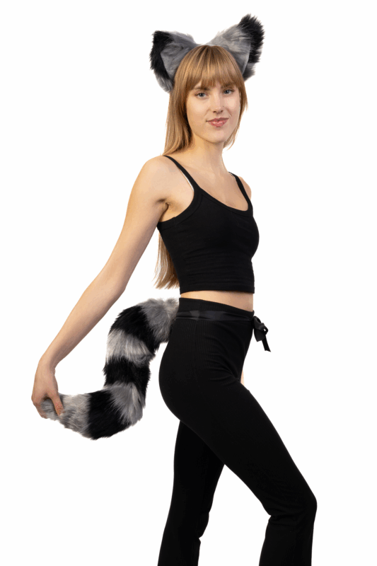 Haarband Furry Oren & Staart Set Zwart Grijs Strepen Wasbeer Maki Diadeem 5
