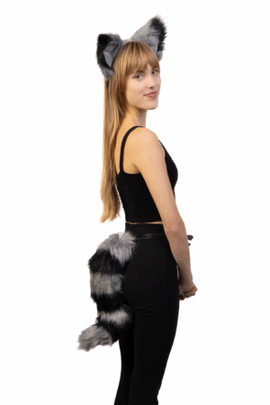Haarband Furry Oren & Staart Set Zwart Grijs Strepen Wasbeer Maki Diadeem 6