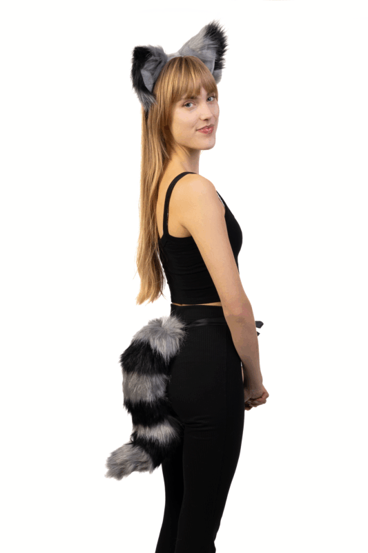 Haarband Furry Oren & Staart Set Zwart Grijs Strepen Wasbeer Maki Diadeem 6