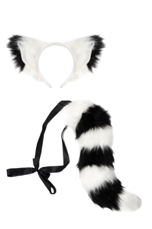 Haarband Furry Oren & Staart Set Zwart Wit Strepen Maki Wasbeer 2