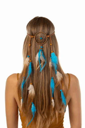Hoofdband Veren Blauw Bruin Ibiza Hippie Indiaan