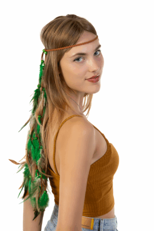 Hoofdband Veren Groen Bruin Ibiza Hippie Indiaan Haarband 2